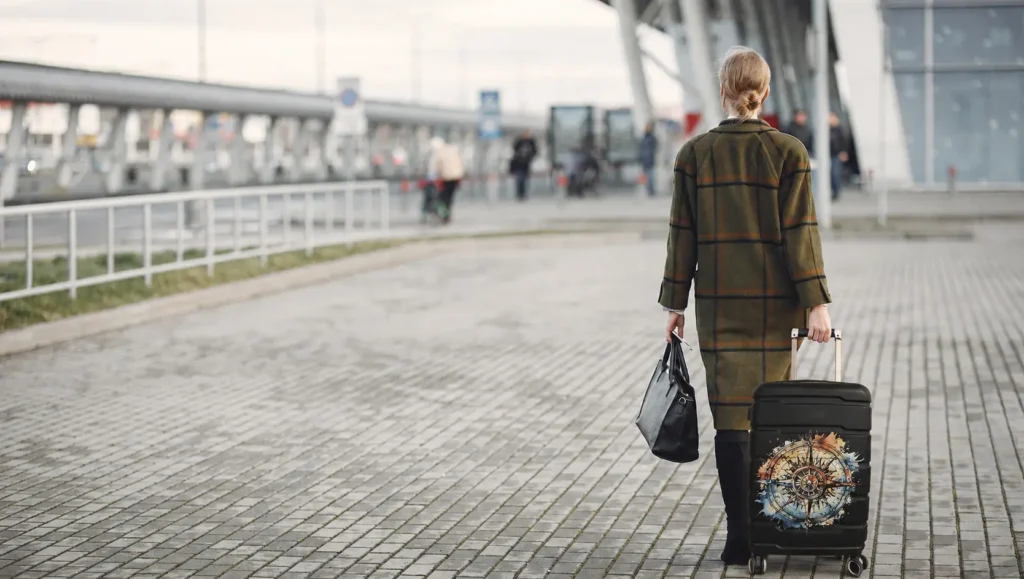 Czarna walizka podróżna z nadrukiem kompasu prowadzona przez kobietę przed terminalem lotniska.