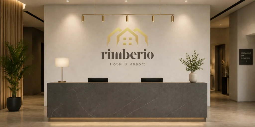 Logo hotelu wykonane metodą druku ściennego na ścianie za recepcją w nowoczesnym lobby hotelowym.