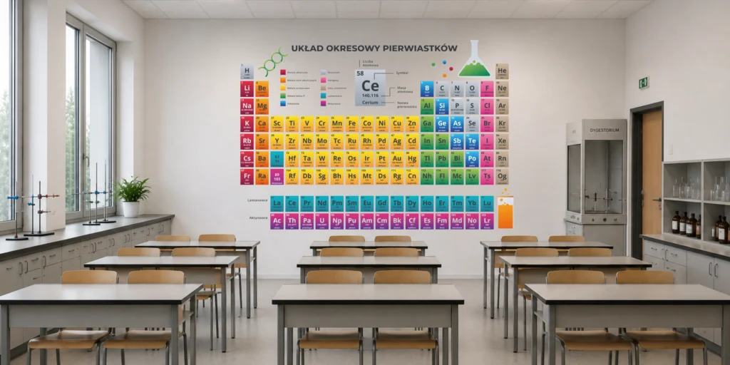 Kolorowy układ okresowy pierwiastków wykonany metodą druku ściennego na ścianie w pracowni chemicznej.