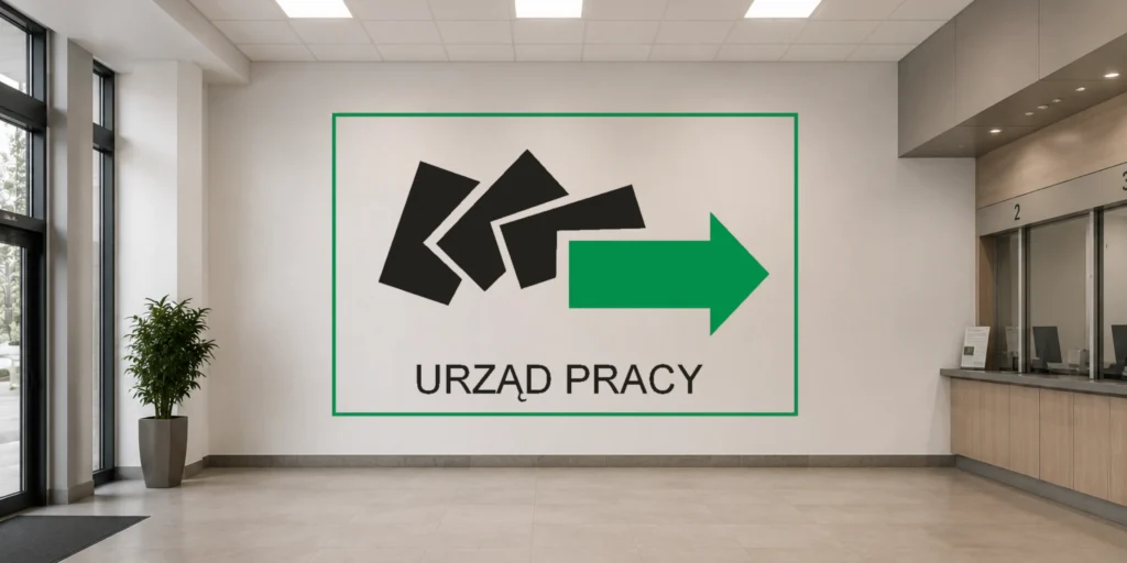 Logo Urzędu Pracy wykonane metodą druku ściennego na ścianie w holu budynku administracji publicznej.