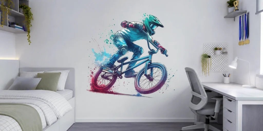 Kolorowy druk ścienny przedstawiający zawodnika BMX wykonującego trik na rowerze w pokoju młodzieżowym.