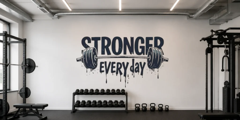 Motywacyjny druk ścienny Stronger Every Day ze sztangą na ścianie nowoczesnej siłowni.