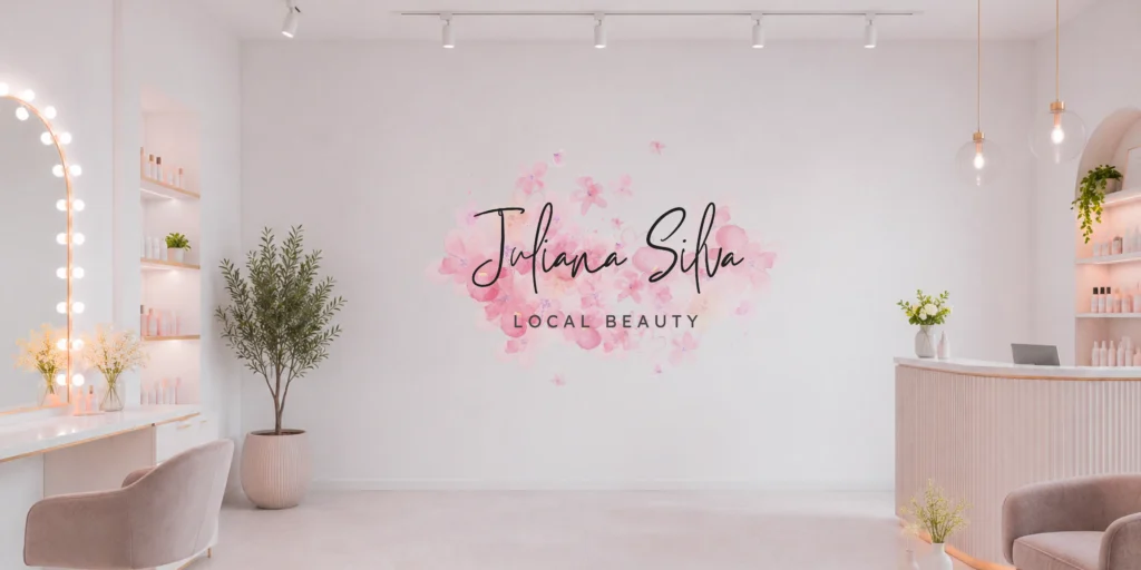 Logo salonu kosmetycznego wykonane metodą druku ściennego na ścianie recepcji nowoczesnego salonu beauty.
