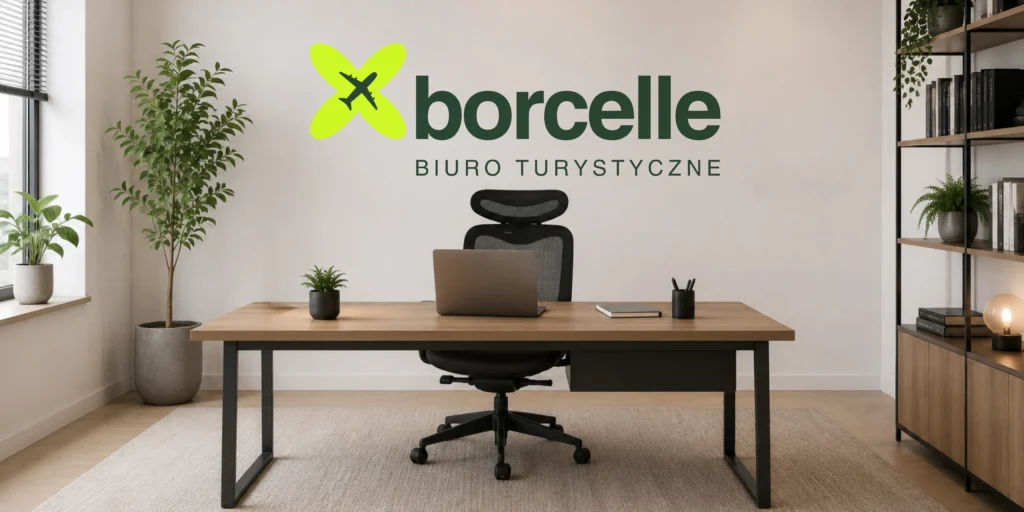 Logo biura podróży wykonane metodą druku ściennego na ścianie nowoczesnego biura.