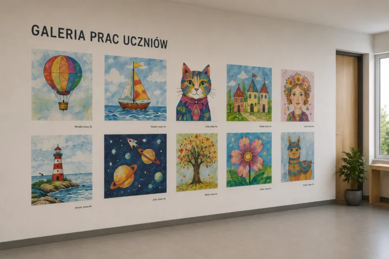 Druk ścienny z galerią kolorowych prac uczniów na ścianie szkolnego korytarza.