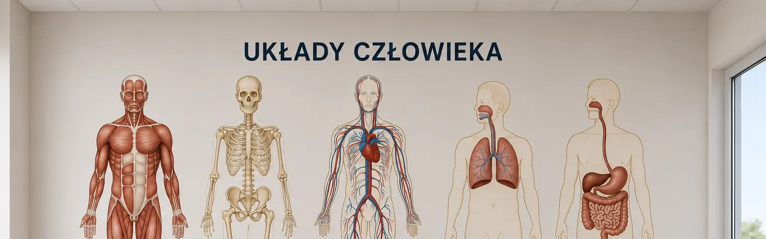 Druk ścienny przedstawiający układy człowieka na ścianie szkolnej pracowni biologii.