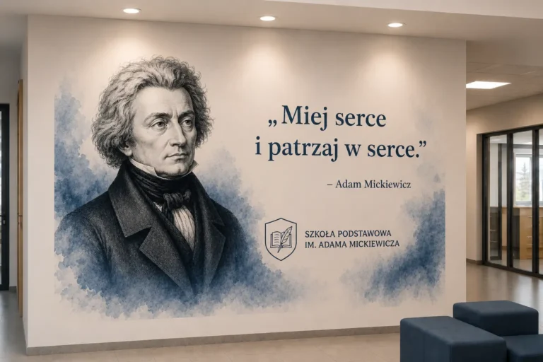 Druk ścienny z portretem Adama Mickiewicza i cytatem motywacyjnym na ścianie szkolnego korytarza.