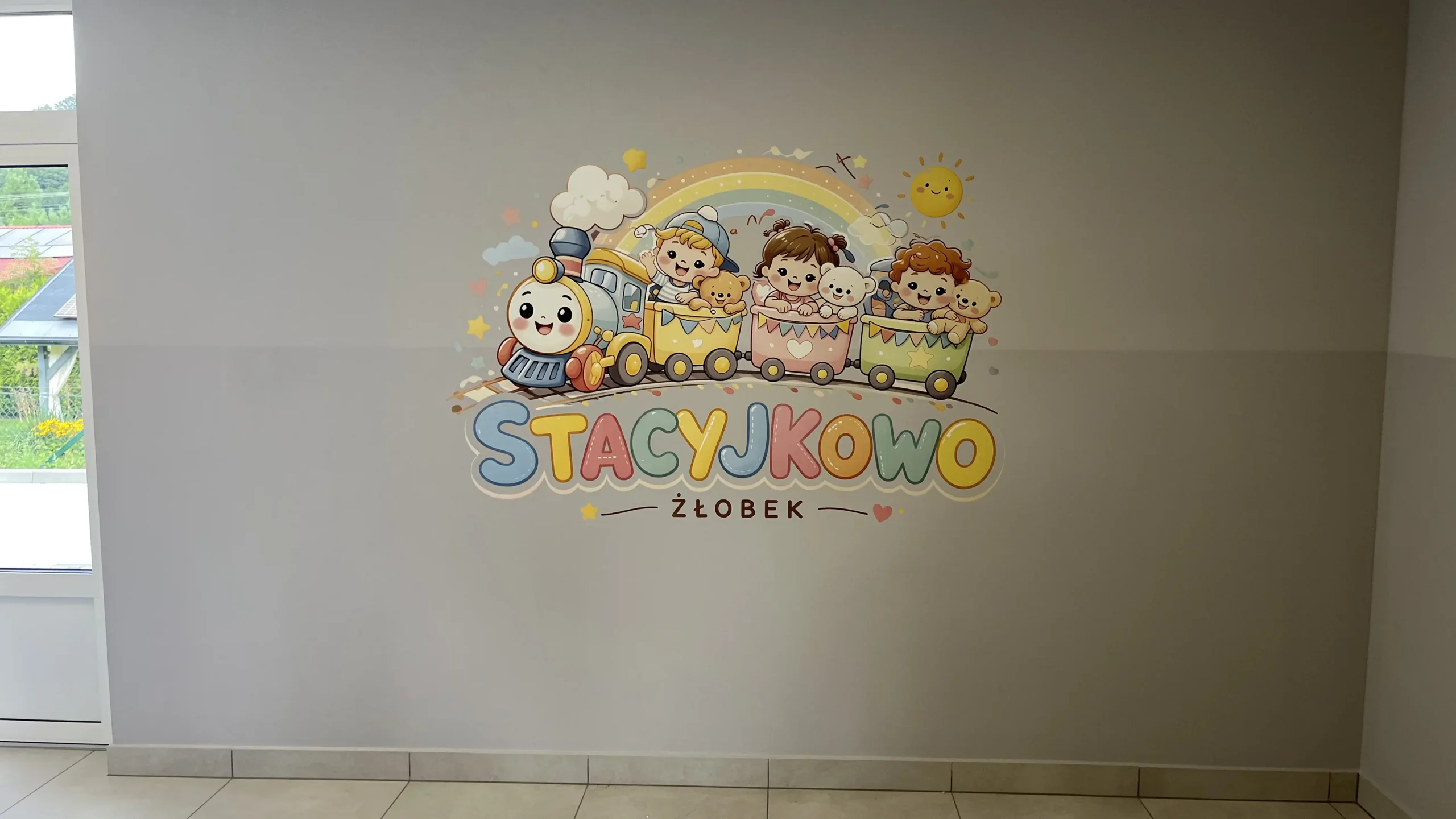 Kolorowy druk ścienny z pociągiem i dziećmi